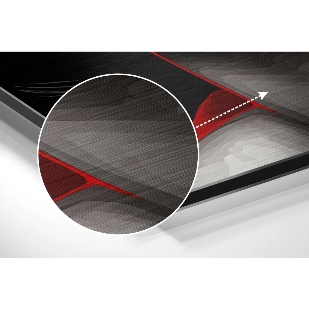 Black and red textured smartphone screen protector on brushed aluminium dibond print