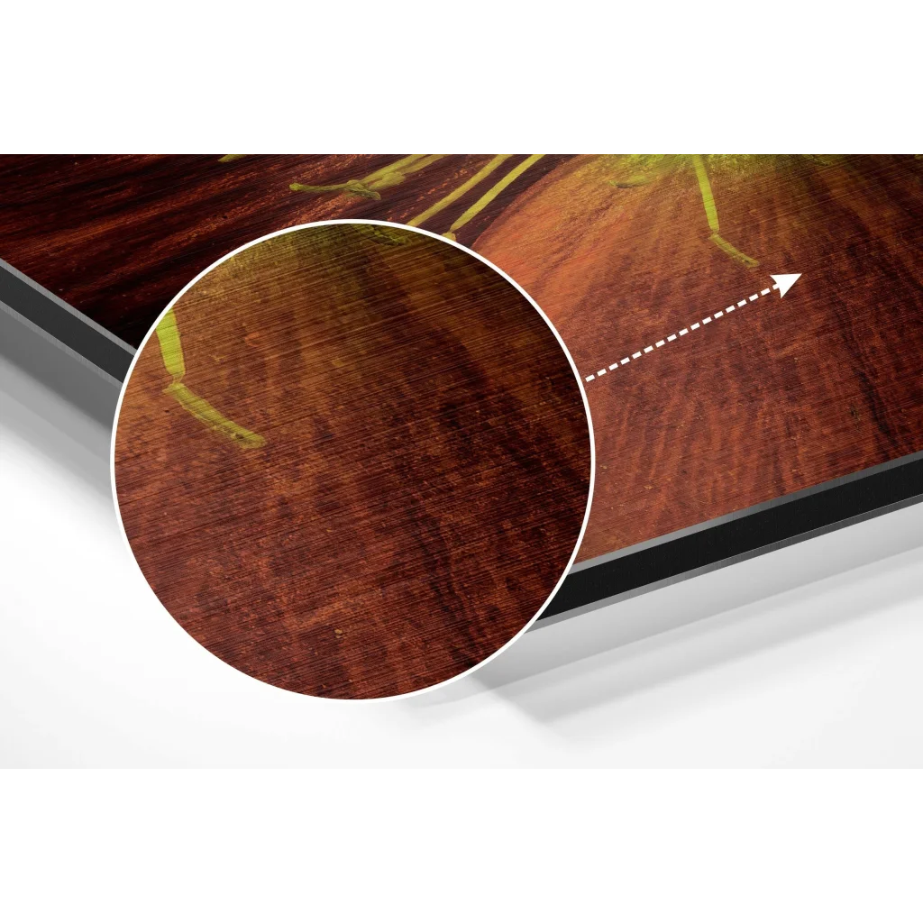 glass wall art Rich dark brown wood grain with green accents on brushed aluminium dibond print