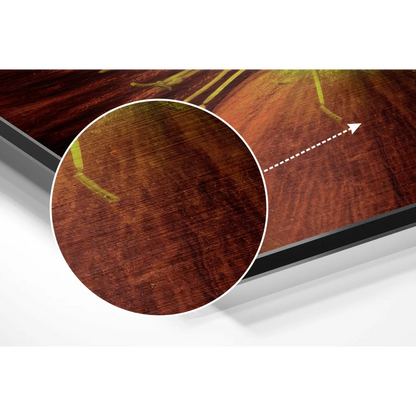 Rich dark brown wood grain with green accents on brushed aluminium dibond print