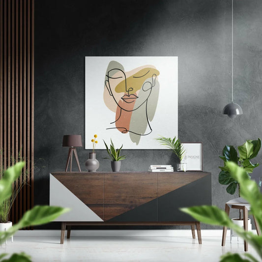 Abstract line art portrait on brushed aluminium dibond in beige tones