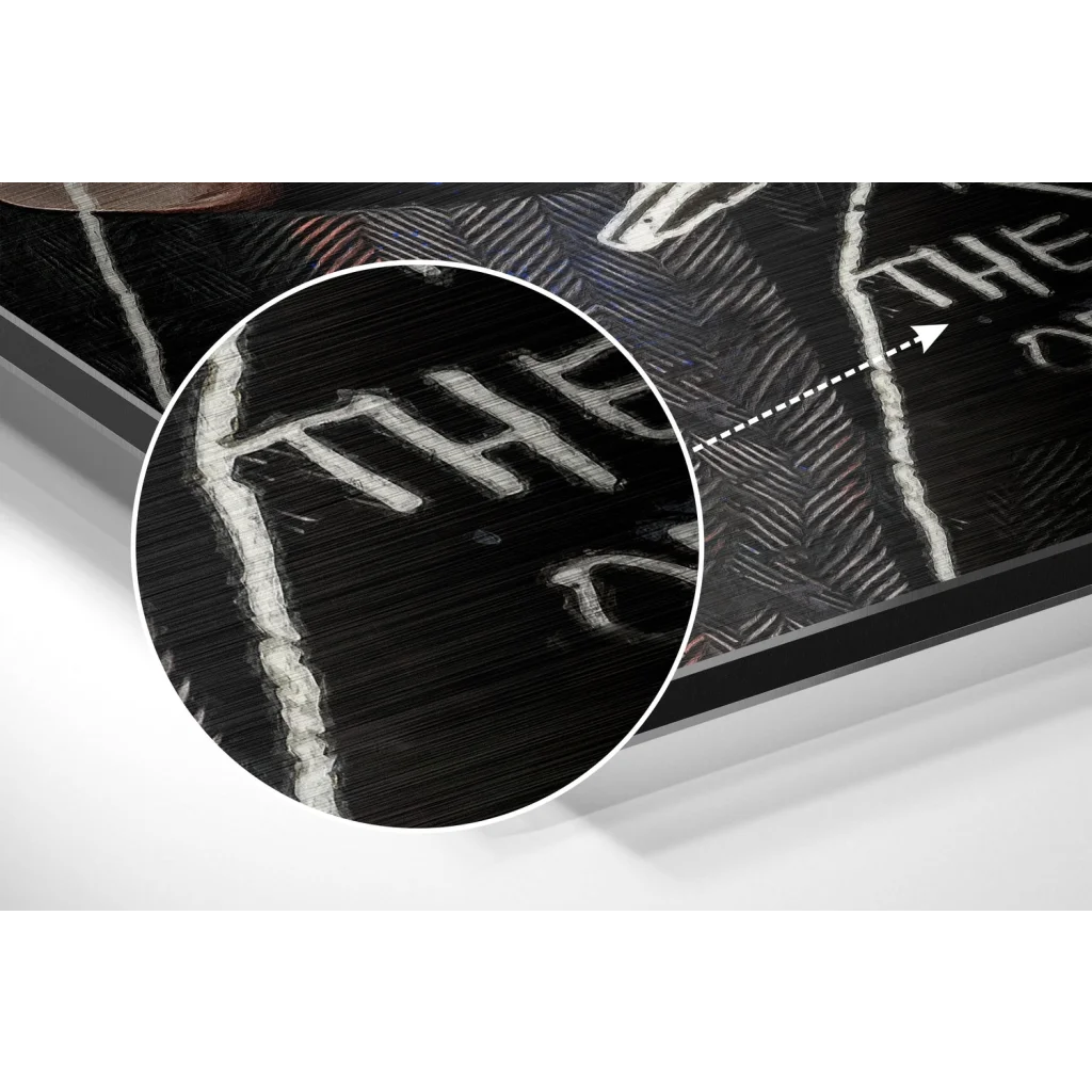 glass wall art Black framed brushed aluminium dibond wall art with bold white chalk lettering on textured dark background