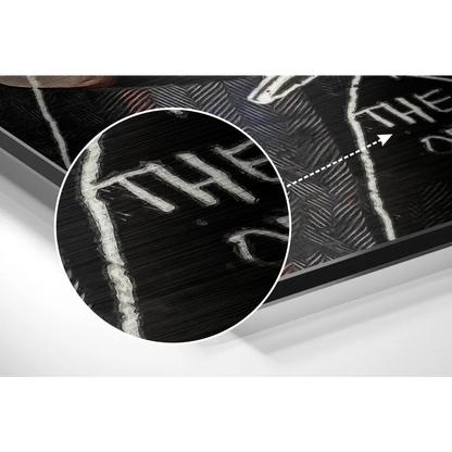 Black framed brushed aluminium dibond wall art with bold white chalk lettering on textured dark background