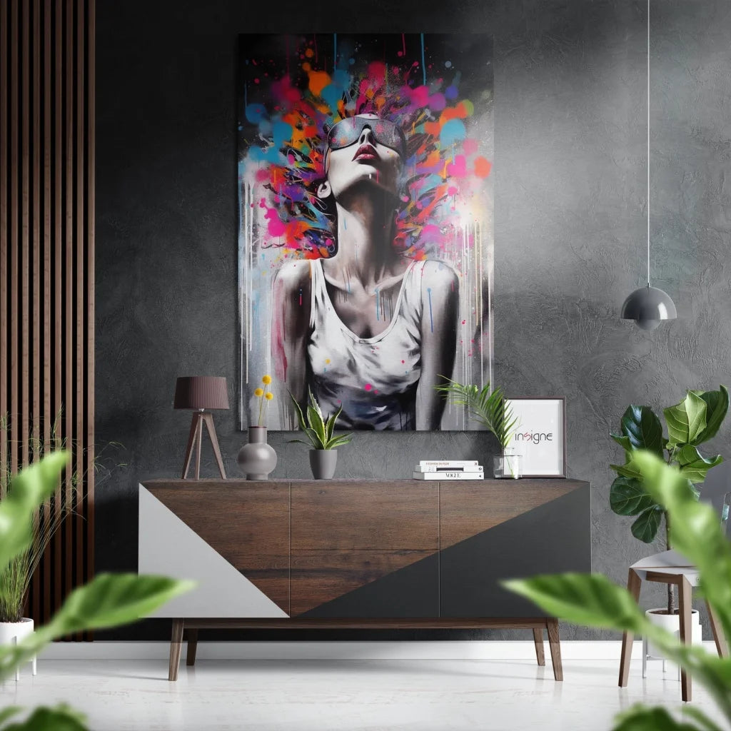 Modern geometric wooden white sideboard on black legs, brushed aluminium dibond print