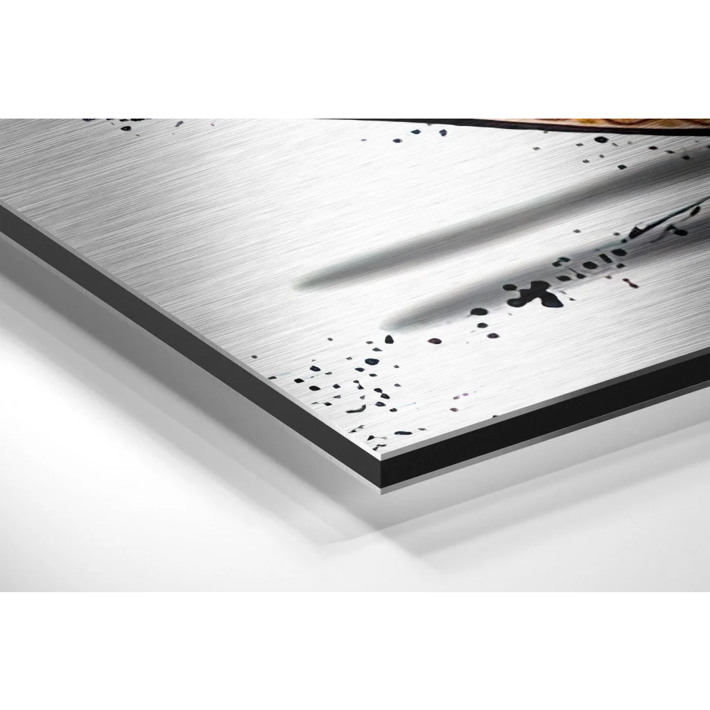 Stainless steel cutting board with black speckles on brushed aluminium dibond print