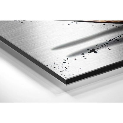 Stainless steel cutting board with black speckles on brushed aluminium dibond print