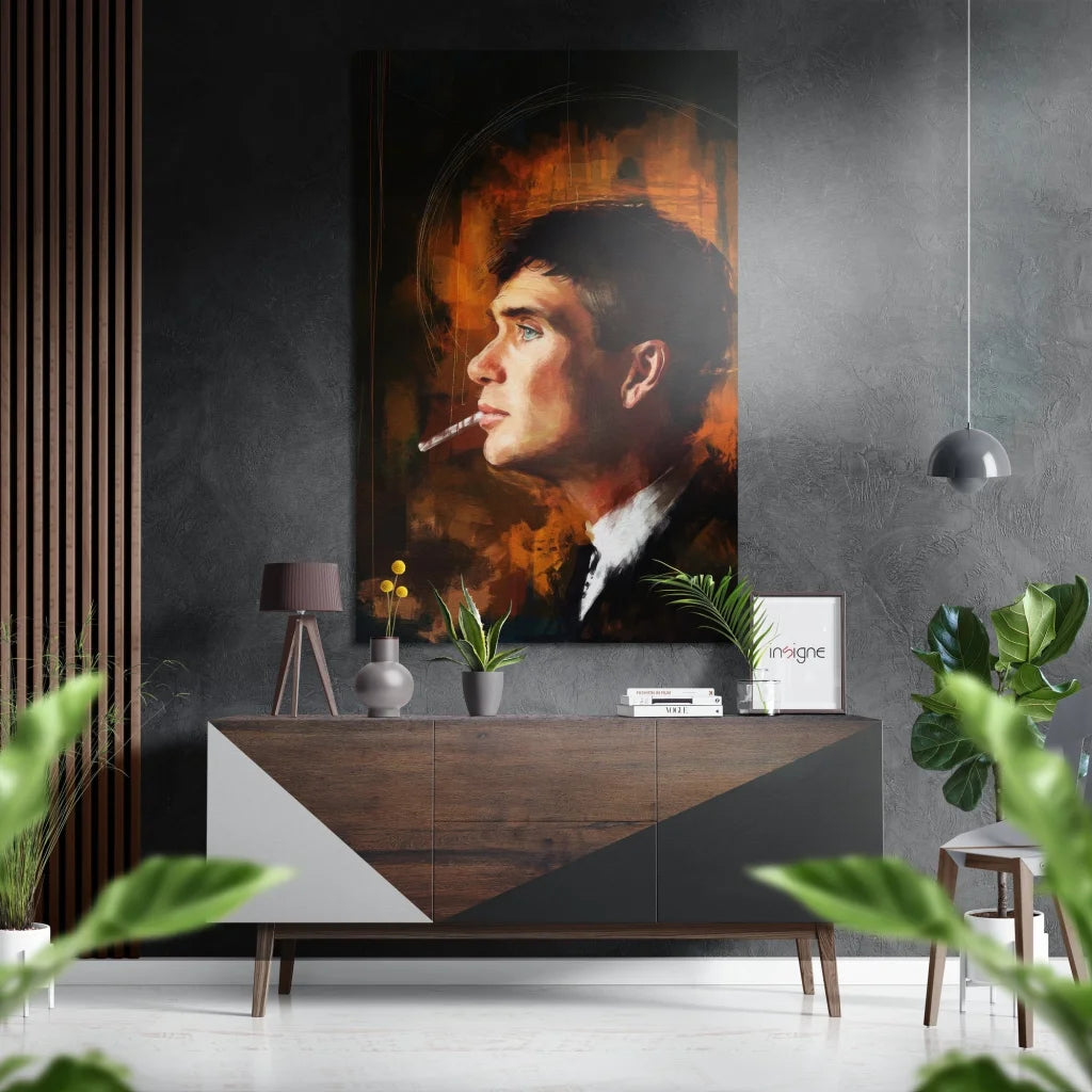 Stylized man smoking cigarette profile on brushed aluminium dibond print
