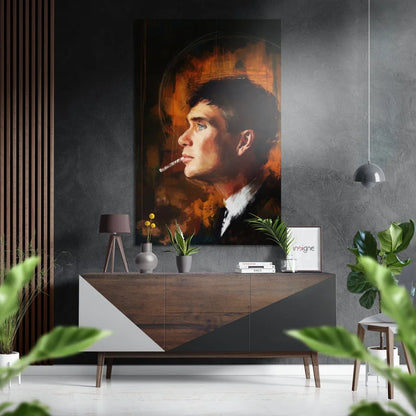 Stylized man smoking cigarette profile on brushed aluminium dibond print