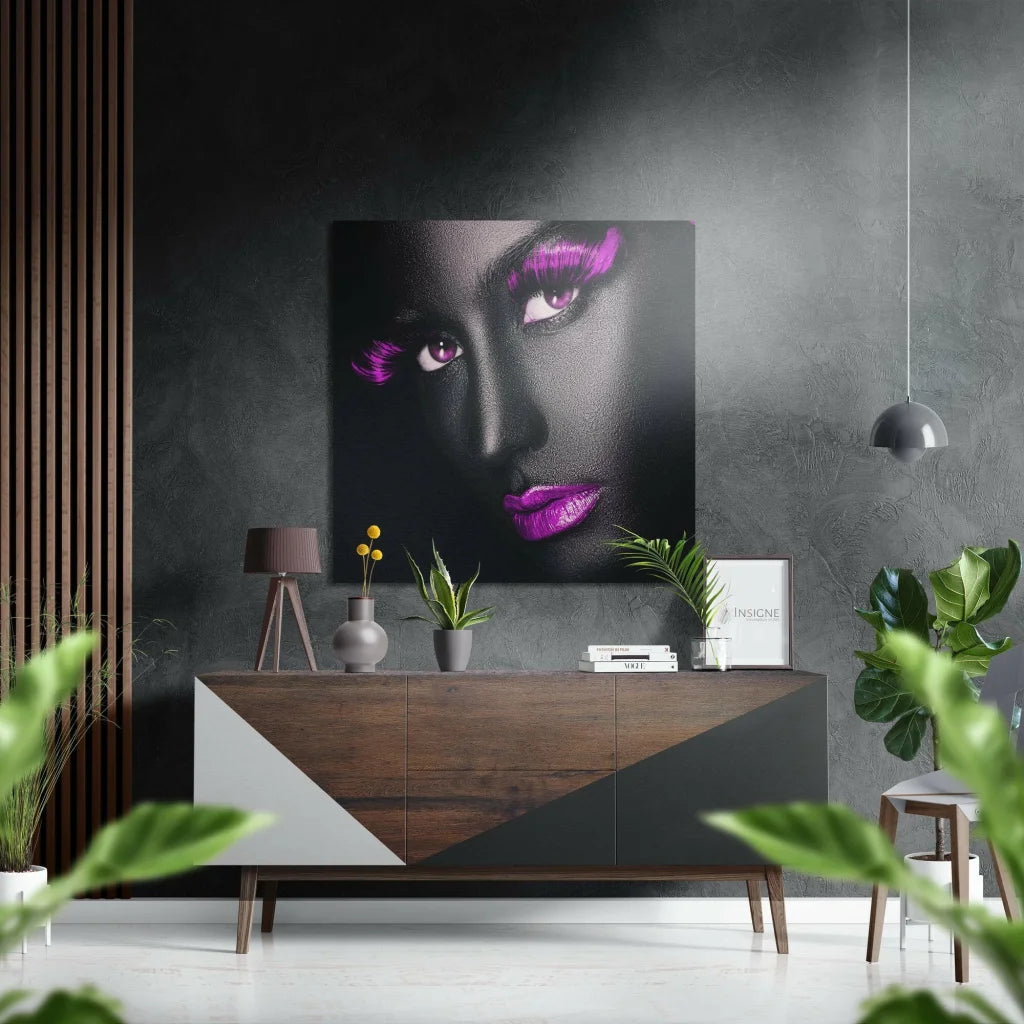 Striking black-and-white portrait with bold purple makeup on brushed aluminium dibond wall art