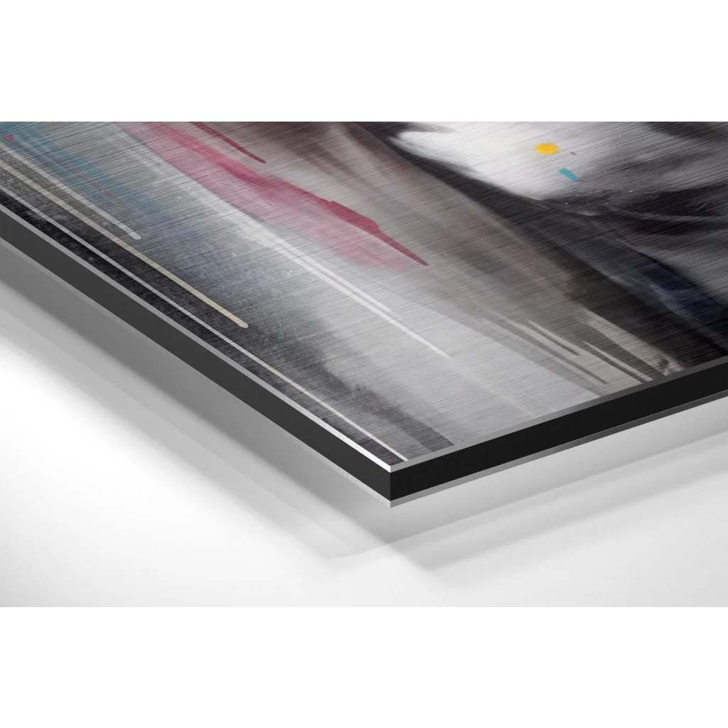 Glass Wall Art Black and white abstract painting with red accents on brushed aluminium dibond