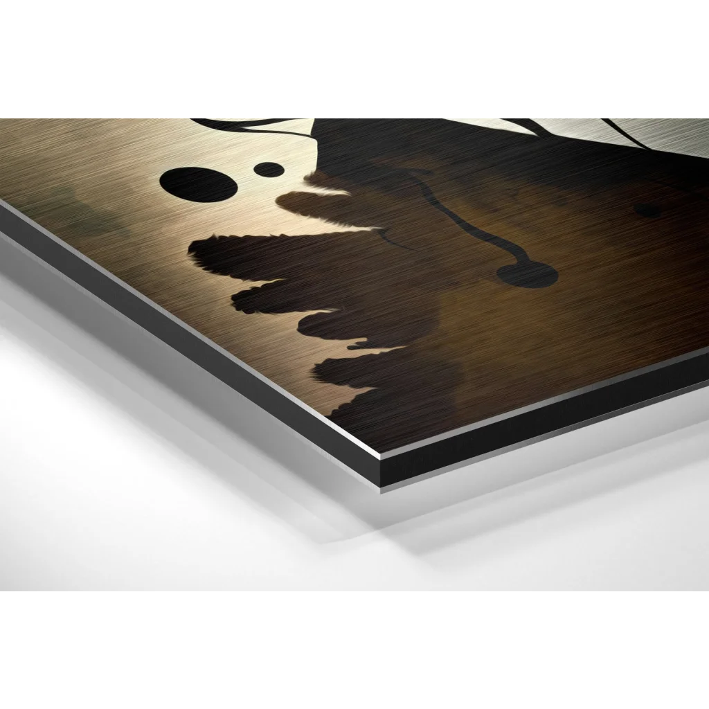 Glass Wall Art Stunning brushed aluminium dibond wall art of brown wooden table in black and white minimalist modern style