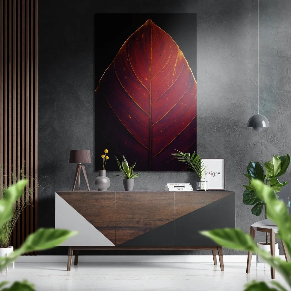 Modern wooden white sideboard with geometric design under brushed aluminium dibond wall art