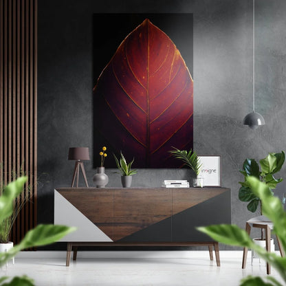 Modern wooden white sideboard with geometric design under brushed aluminium dibond wall art