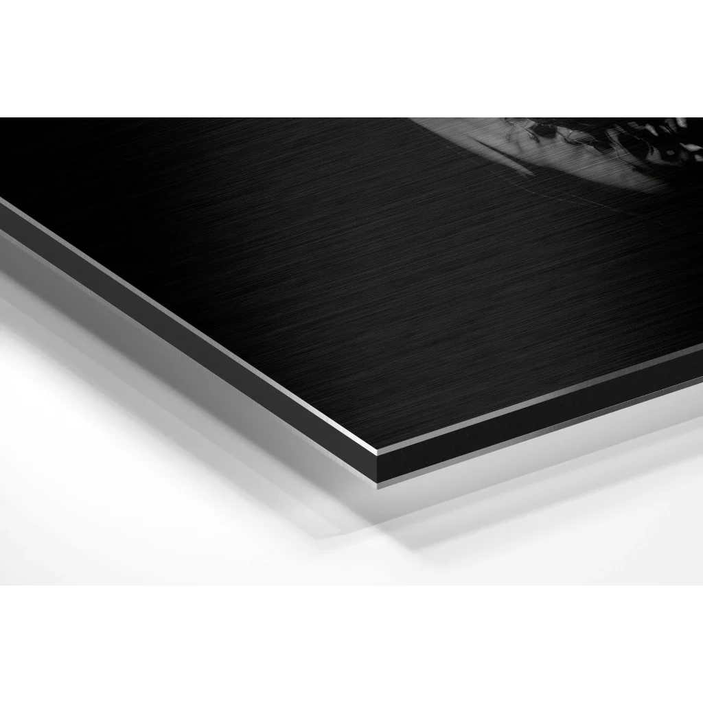 Glass Wall Art Stunning brushed aluminium dibond wall art with black and white glossy print