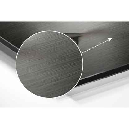 Sleek brushed stainless steel tabletop in brushed aluminium dibond wall art
