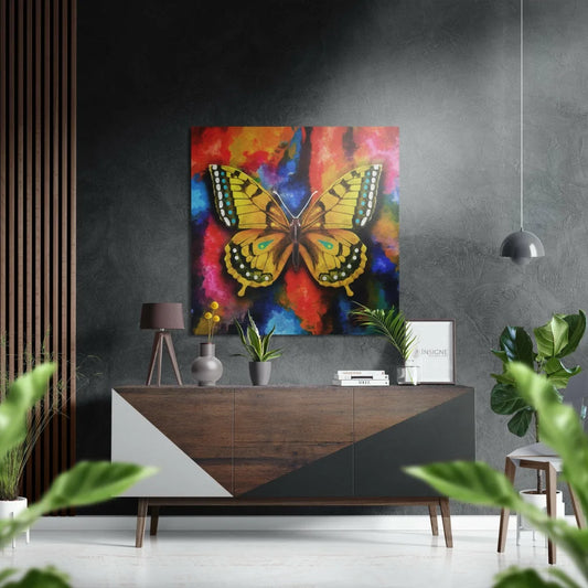 Vibrant yellow green butterfly brushed aluminium dibond wall art