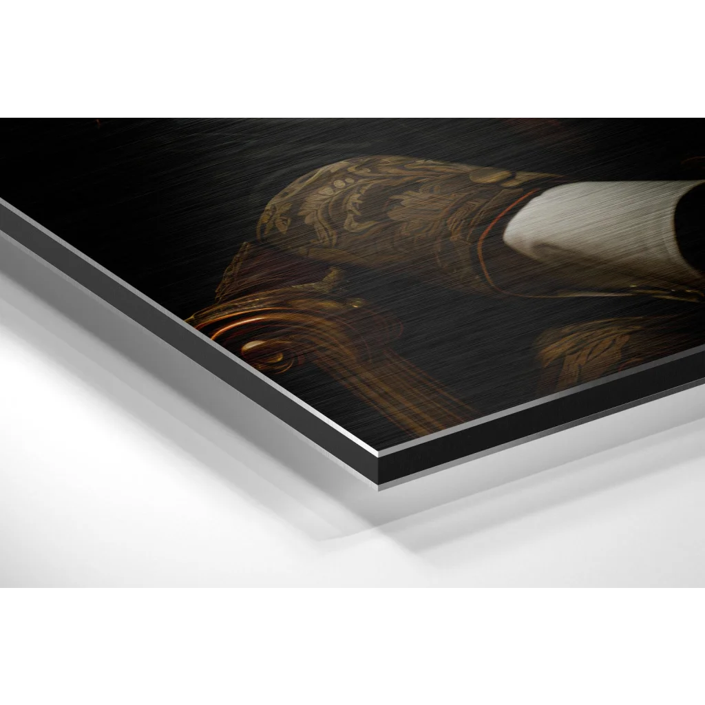 Black and gold floral slipper on brushed aluminium dibond art