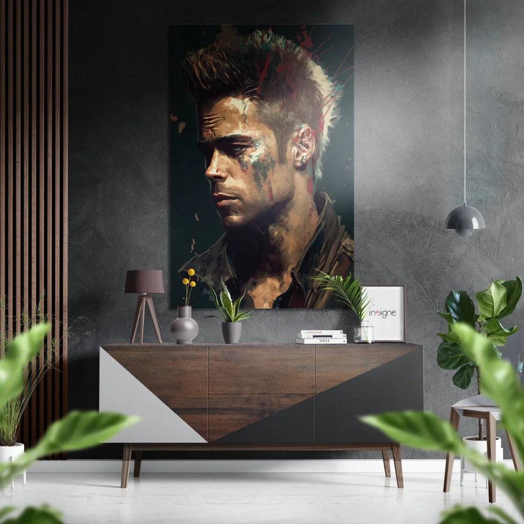 Striking black-and-white Brad Pitt portrait with paint accents on brushed aluminium dibond wall art