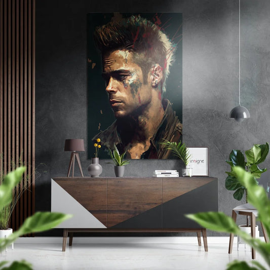 Striking black-and-white Brad Pitt portrait with paint accents on brushed aluminium dibond wall art