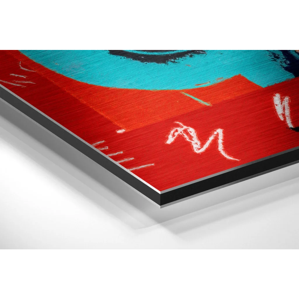 Glass Wall Art Red and teal abstract art on brushed aluminium dibond with black border