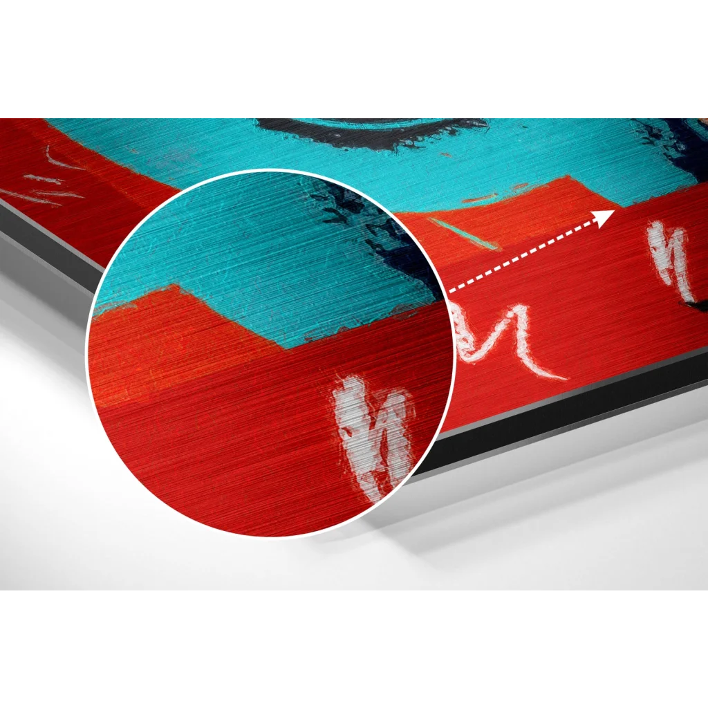 Red and teal abstract on brushed aluminium dibond canvas print