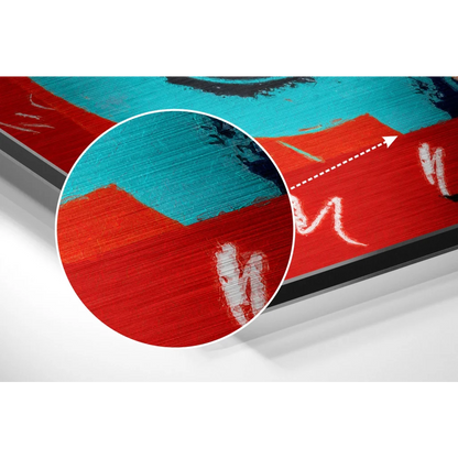 Red and teal abstract on brushed aluminium dibond canvas print