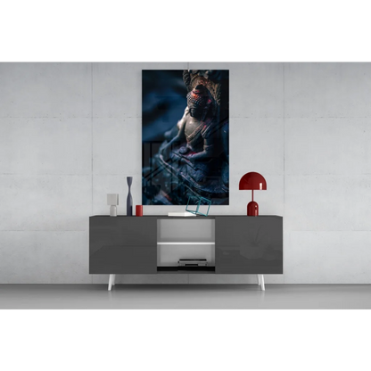 Modern gray sideboard with white accents and sleek legs near stunning Buddha glass wall art