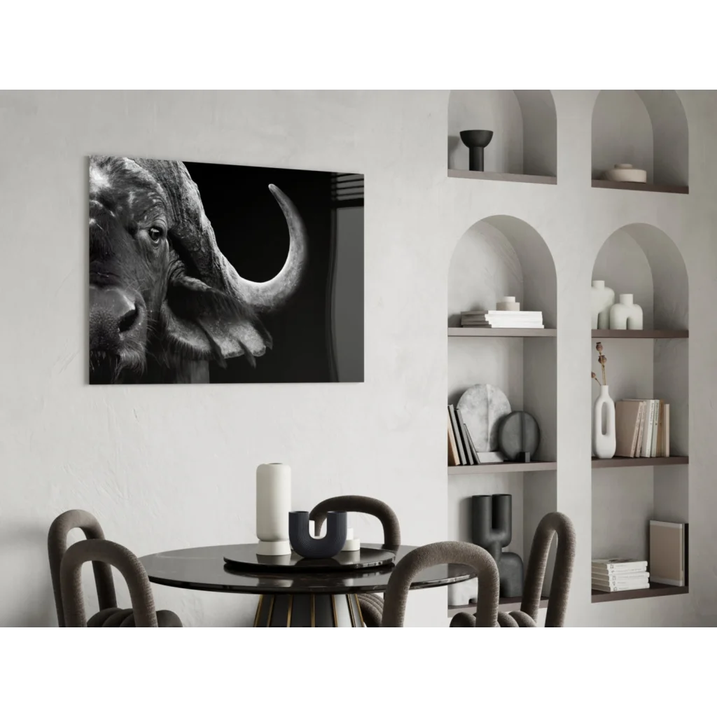 Black and white buffalo glass wall art with textured horns