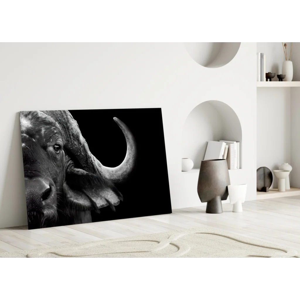 Stunning black and white buffalo glass wall art with curved horns