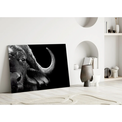 Stunning black and white buffalo glass wall art with curved horns