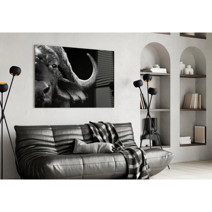 Stunning black and white buffalo glass wall art canvas print on wall