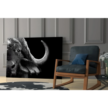 Stunning black and white buffalo glass wall art with curved horns