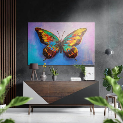 Vibrant butterfly wall art print on brushed aluminium dibond with purple background
