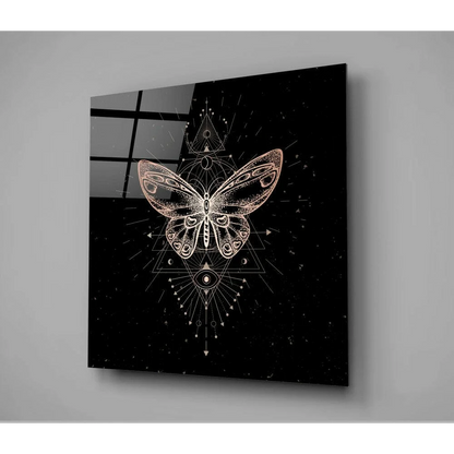 Stunning gold butterfly glass wall art with geometric patterns and celestial symbols on black background