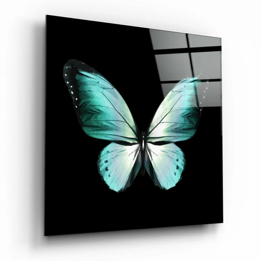 Stunning turquoise butterfly glass wall art on black background