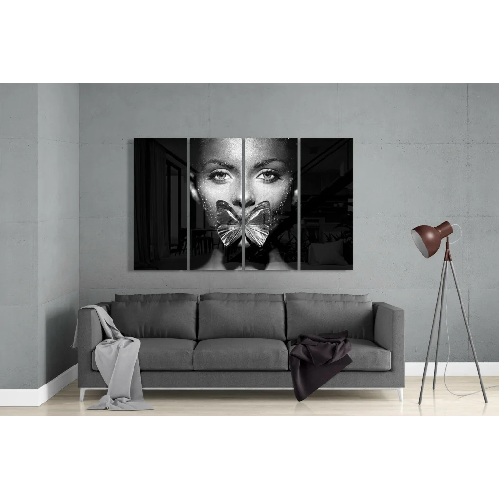 Black and white butterfly woman triptych wall art set