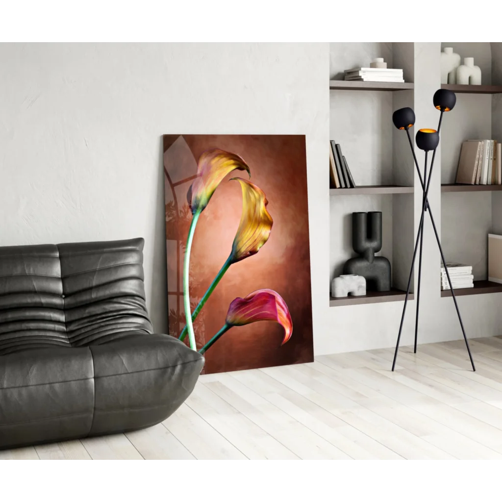 Stunning 3D printed calla lily wall art in vibrant golden pink hues with glossy finish