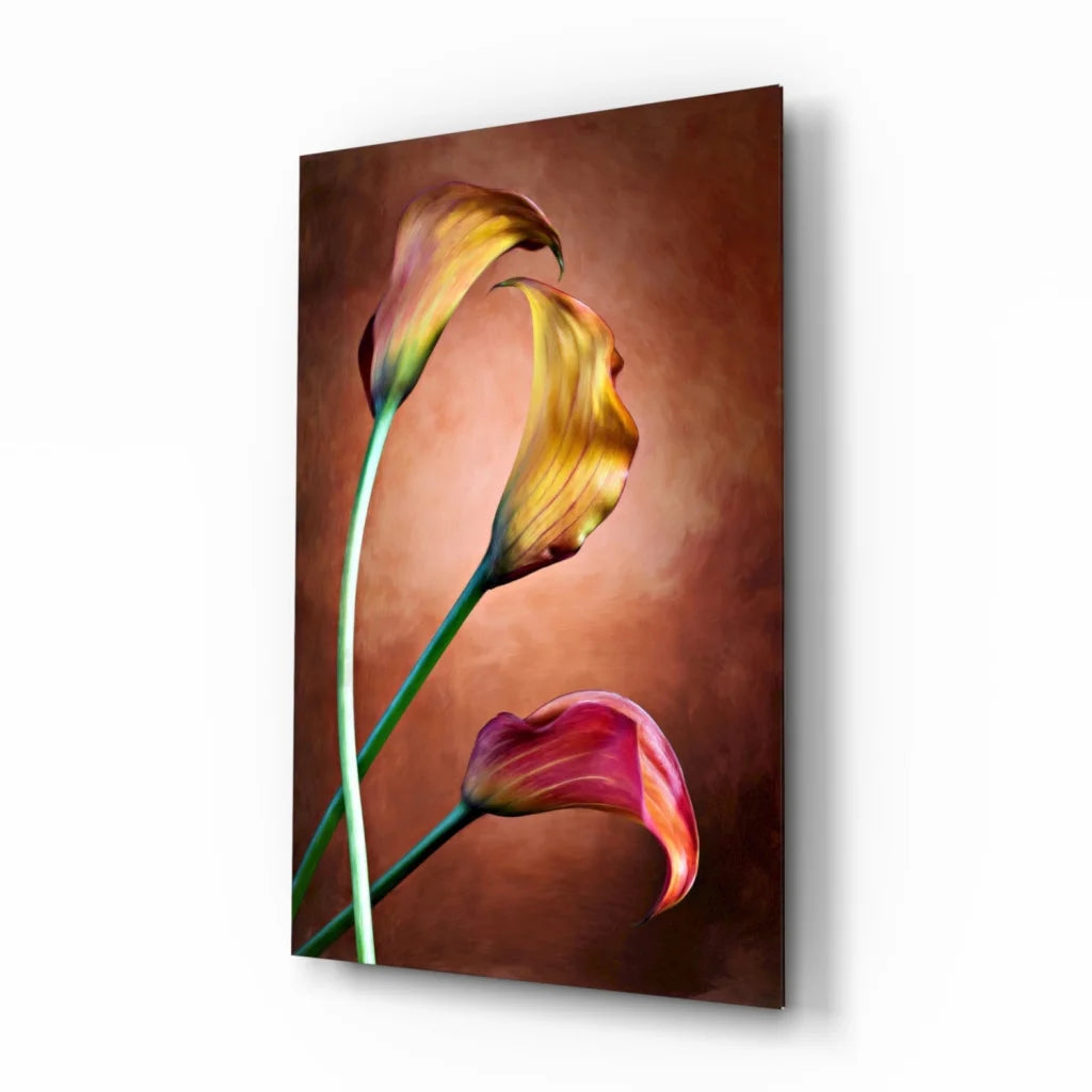 Stunning calla lily wall art painting in golden pink hues on textured canvas