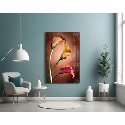 Vibrant gold calla lily wall art print in pink hues, modern design