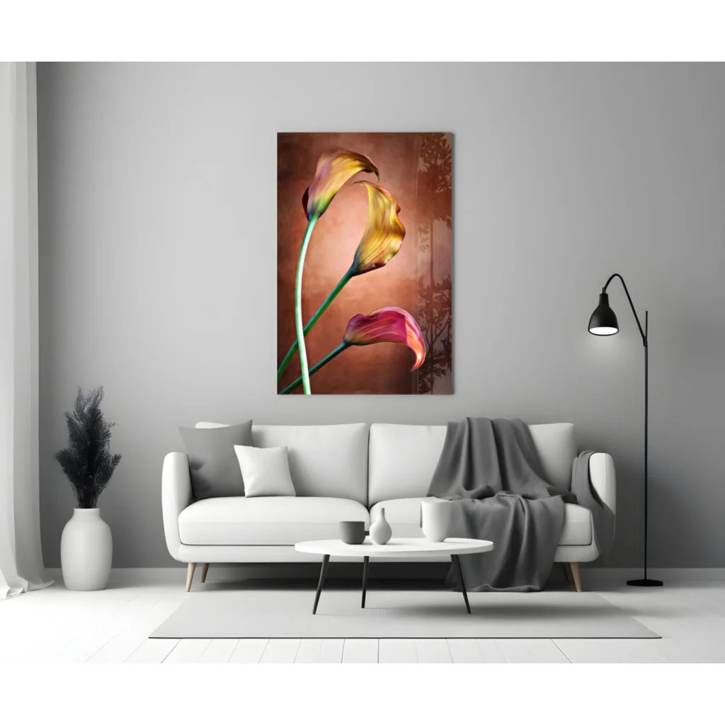 Stunning yellow and pink calla lily wall art canvas print on white wall