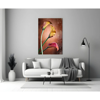 Stunning yellow and pink calla lily wall art canvas print on white wall