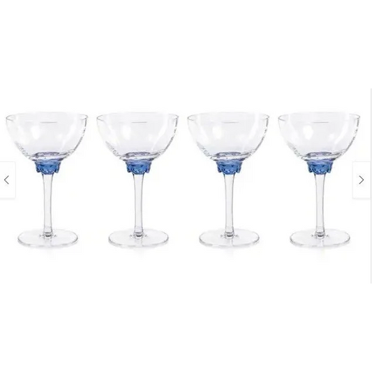 Set of four Cambrai Martini cocktail optic glasses with clear bowls and blue bases