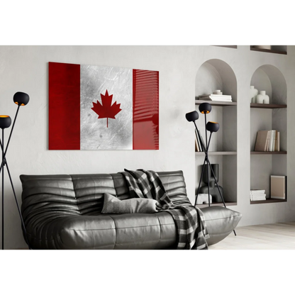 Canadian Maple Leaf glass wall art canvas print on leather sofa