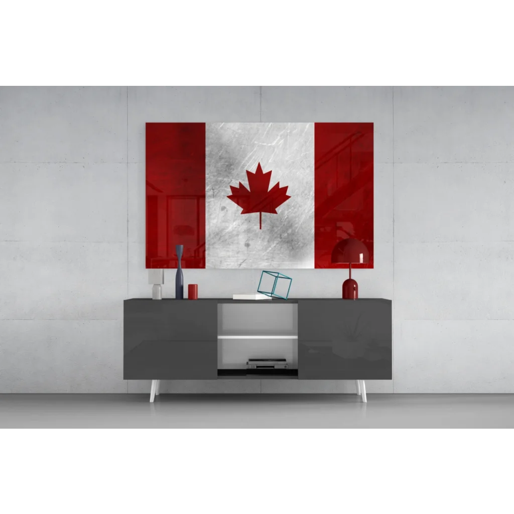 Modern gray and red glass wall art with Canadian Maple Leaf design