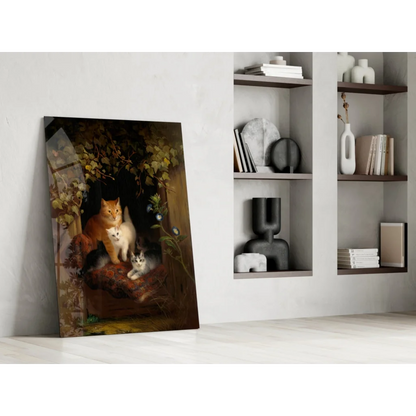 Stunning orange and white cats glass wall art in garden scene