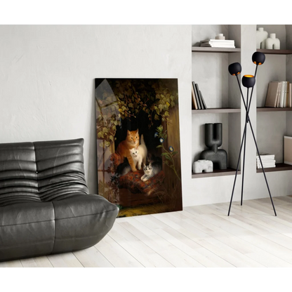 Stunning cat glass wall art on black leather sectional sofa