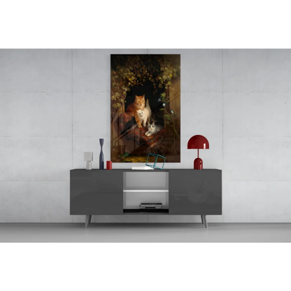 Modern gray sideboard with sleek legs and minimalist glass wall art