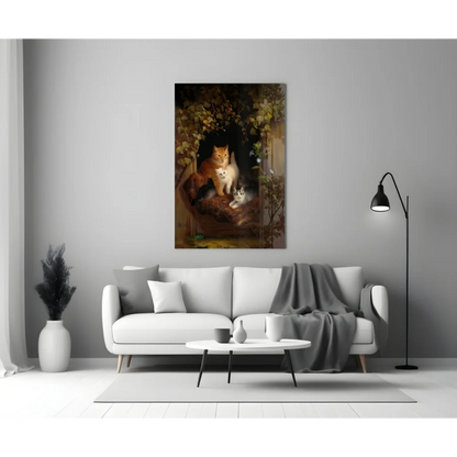 Stunning cat glass wall art over white modern sofa with gray throw