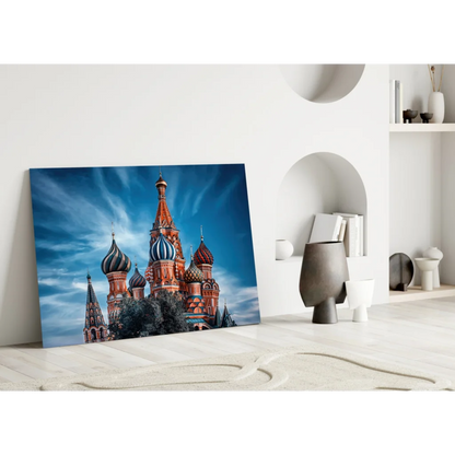 Red and blue domed cathedral wall art canvas print with white clouds
