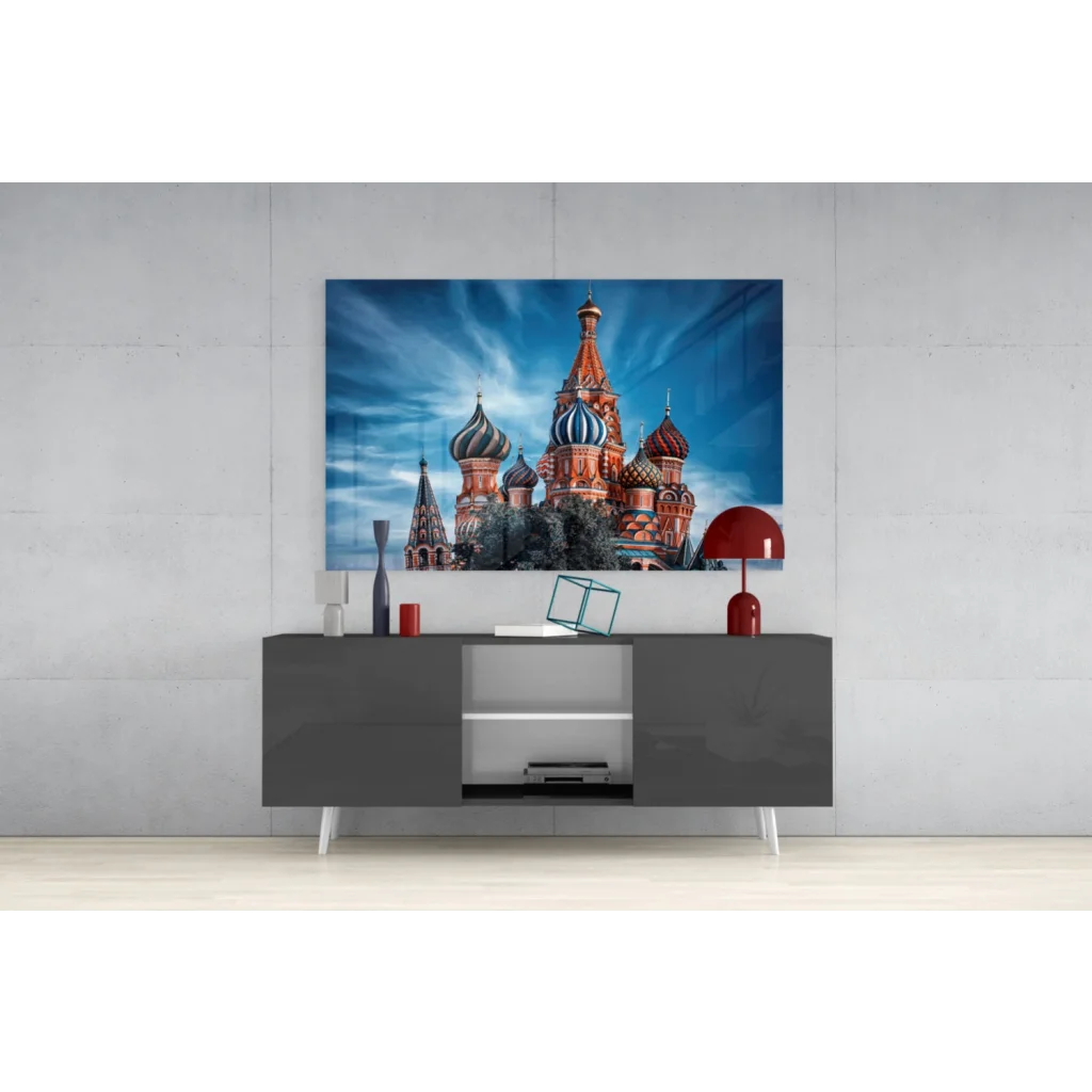 Modern gray sideboard with white legs under stunning cathedral domes wall art