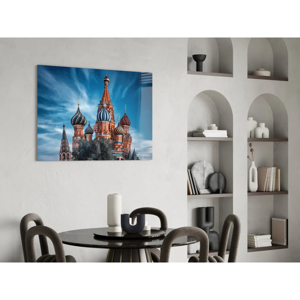 Red and gold onion dome church canvas wall art print with blue sky